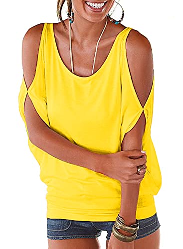 Miselon 2024 Casual Cold Shoulder Shirts Batwing Sleeve Loose Tops Yellow M