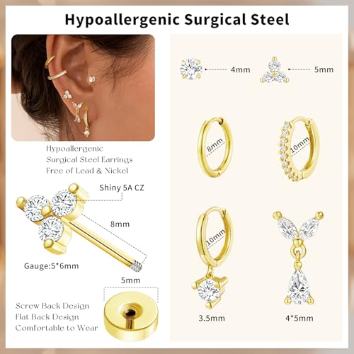 adoyi Gold Hoop Earrings Set for Women Hypoallergenic Surgical Steel Earrings Flat Back Studs for Sensitive Ears 14K Gold Plated Samll Stainless Steel Cartilage Huggie Earring for Women Jewelry — view 6