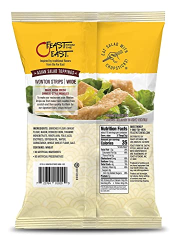 Feast From The East Wonton Strips 4 Oz - Asian Salad Topping - Restaurant Style Wide Cut - Crispy Crouton Alternative - All Natural No Preservatives - Certified Kosher (Pack of 1)