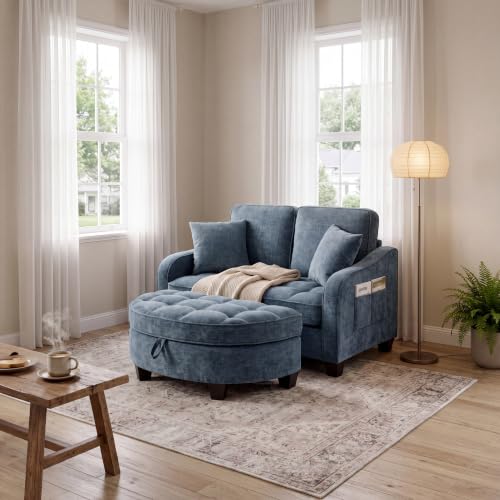 Image of ERYE Chenille Tufted Loveseat Sofa and Ottoman Set, Tufted Recliner Sleeper Chaise Lounge with Curved Storage Ottoman,Reclining Backrest and Side Pockets, 4 Pillows