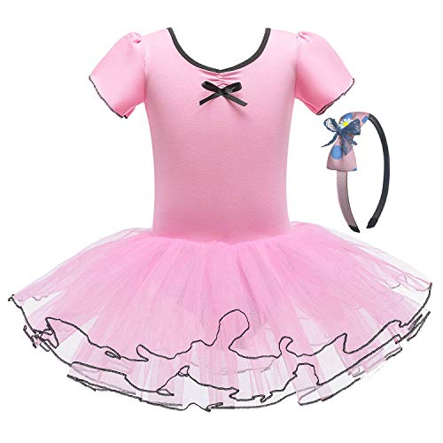 FONLAM Maillot de Ballet para Niña Maillot Vestido Danza Actuación Ballet Tutú Tul Niña Volantes + Diadema (Rosa, 5-6 Años)