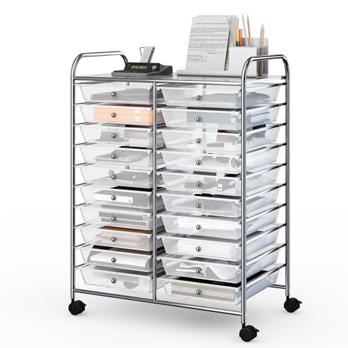 GIANTEX Chariot de Rangement à roulettes de 20 Tiroirs Amovibles, Tour de Rangement Mobile, 4 Roues avec 2 Freins, Chariot Roulant pour Bureau, Cuisine, Maison, 64 x 38 x 87 cm (Clair)