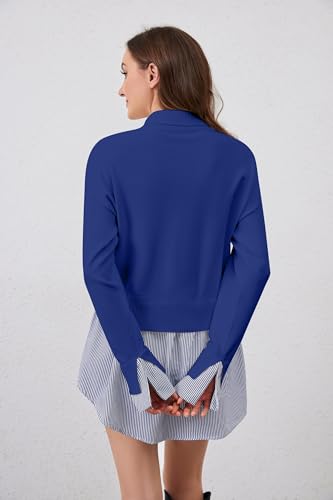 Image of Women Turtleneck Slit Patchwork Knit Pullover Sweater 2 in 1 Asymmetrical Hem Striped Button Down Shirt Tops