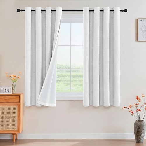 Image of PrinceDeco Linen Blackout Curtains 45 Inch Length Room Darkening Curtains with Natural Slubs & Grayish (Not Solid) Black Out Curtains for Bedroom Full Light Blocking Drapes(2 Panels,Heathered White)