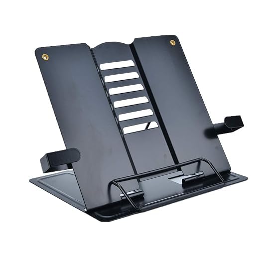 Metal Book Stand Black for Table Holder Organizer Portable Metal Desktop Adjustable Foldable Cookbook Recipe Textbook Music Rack Steel Portable Reading Use Student Study (Pack of 1)-image-0