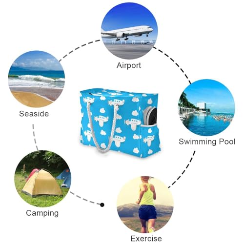 Cartoon Airplane Clouds Beach Tote Bag for Women Waterproof Large Swim Pool Beach Bags with Zipper Travel Tote Bags Carry On Bag for Gym Vacation Essentials Nurse Grocery Yoga4