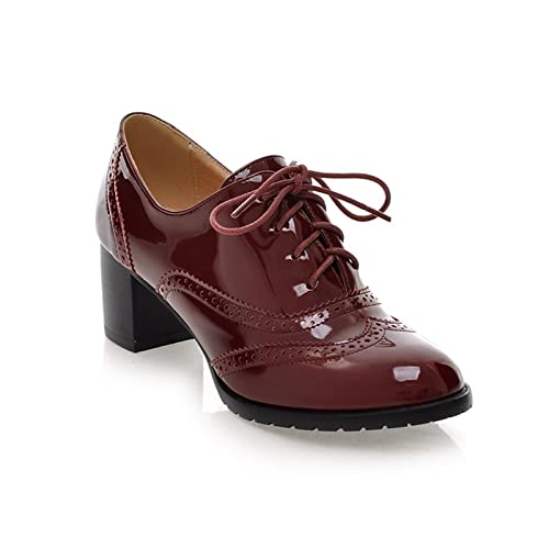Amtopiyo Women's Mid Block Heel Brogues Pumps Vintage PU Leather Lace-Up Oxfords Dress Shoes