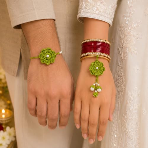 Image of Handmade Crochet Green Flower Rakhi for Brother | Premium Cotton Thread Floral Designer Rakhi with Pearl Beads | Soft Skin-Friendly Lightweight Raksha Bandhan | Traditional Handcrafted Gift