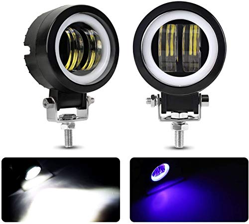 Falconstar Compatible for Motorcycle Headlight LED Fog Light 3 inch Round Blue Angel Eye DRL White Light 10-80V DC 8000LM Waterproof Off-road Vehicle Marine Work Light (2 PCS)