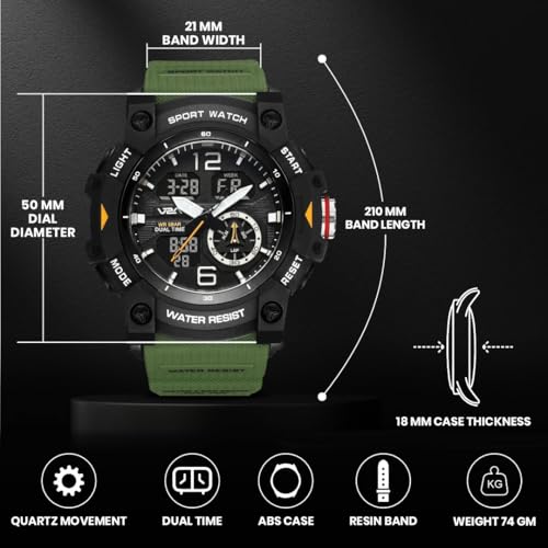 Image of V2A Stryke 50mm Analog Digital Watch for Men | Rugged Guard Bezel Design | Alarm Stopwatch Backlight | TPU Sport Strap | 50M Water Resistant Outdoor Watch | Gift for Mens