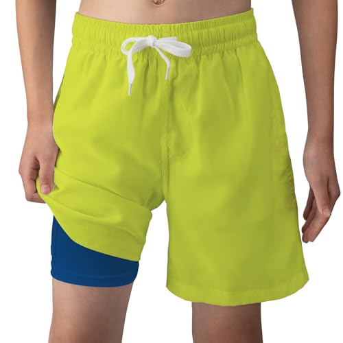 FHBSJTTG Boys Swim Trunks Neon Yellow with Boxer Brief Swim Shorts Quick Dry Bathing Suit Compression Liner Swimwear (US, Numeric, 10, 12, Regular, Yellow)
