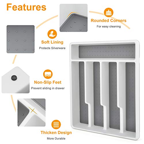 E-far Silverware Organizer, Plastic Cutlery Flatware Tray for Drawer, Utensil Tableware Holder/Divider for Kitchen with 5 Compartment & Non-slip Rubber Grips, 12.6 x 11.4-Inch, Grey - Thumbnail 4