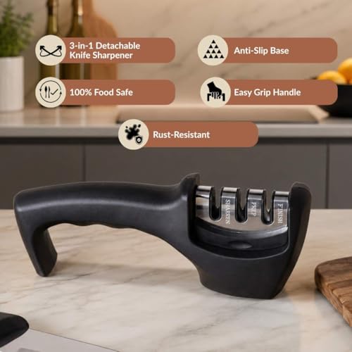 Image of Nestasia Knife Sharpener Tool for Kitchen, 3-Stage Stainless Steel Sharpener for Steel Knives with Ergonomic Handle & Non-Slip Base, Multi-Purpose Blade Sharpening Tool for Home Cooking