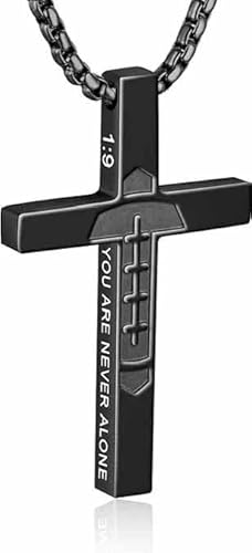Football Game Day Cross Necklace for Boys Men, Cross with Bible Verse Stainless Steel Pendant Chain First Communion Confirmation Jewelry Christian Religious Christmas Sports Jewelry Gifts for Son Teens