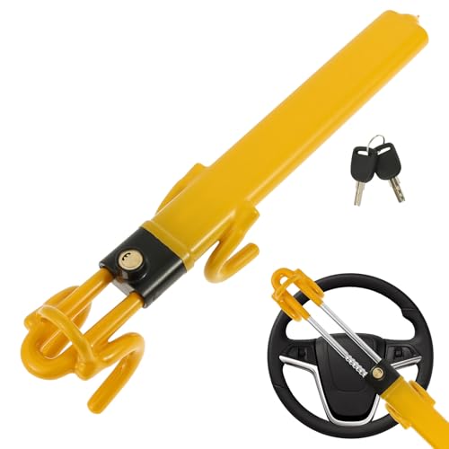 Steering Wheel Lock Anti-Theft Heavy Duty Car Device with 2 Keys Universal Car Steering Wheel Lock with Double Hooks Design Adjustable Length for Cars Trucks Vans and SUVs(Yellow, 1Pc)