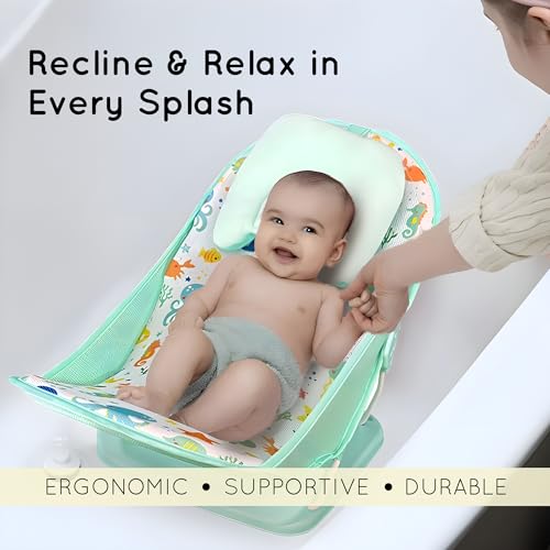 Image of Premium Baby Bather | Bath Chair for Newborns and Infants 0-3 Months | Foldable | 3 Position Adjustable Chair | Anti Skid Base | Washable Soft Mesh Seat | for Babies Upto 5Kg (Aqua)