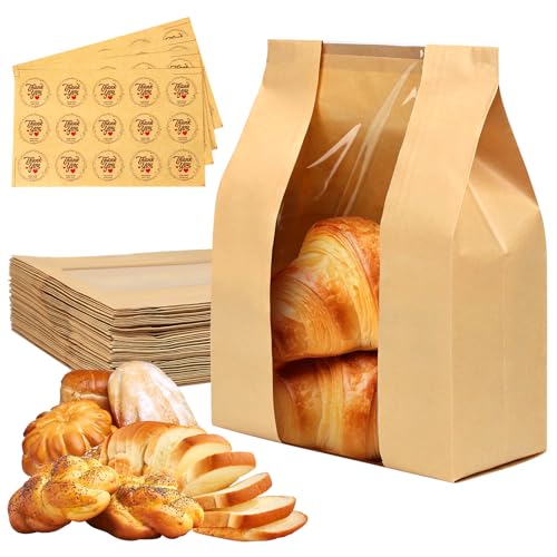 Qeedee 60 Pcs Paper Bread Bags for Homemade Bread Gift Giving, Sourdough Bread Bags with Clear Window, Kraft Toast Bags with Seal Stickers for Bakery, Treat Packaging, Home Kitchen