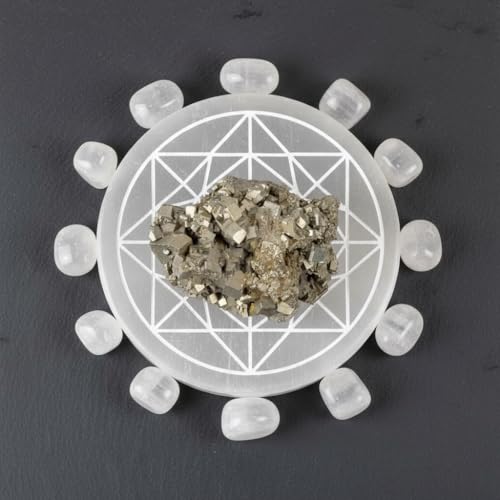 Image of Original Pyrite Stone with Natural Selenite Charging Plate | Lab Certified Crystal Set for Wealth, Business Luck, Reiki Healing & Vastu Energy inch (SEL+METRON)