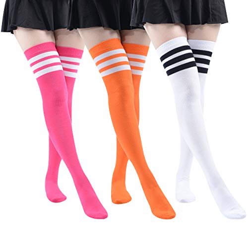 MK MEIKAN Women Stripe Triple Tube Dresses Sexy Orange Over the Knee Thigh High Stockings Velma Cosplay Socks Funny Tube Socks Funny Novelty Socks 3 Pairs (White, Orange, Pink)