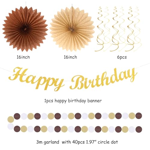 Image of White-Brown Champagne-Gold Boho Birthday Party-Decorations - 21pcs Happy Banner,Beige Neutral Rustic Paper Lanterns Honeycomb, Hanging Streamers,Tissue Pom Poms Flower Fan,Fall Decor Supplies Huglony