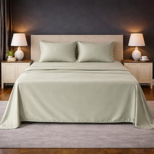 Image of LANE LINEN 100% Cotton Satin Fantasy Bedsheet Double Size - Mineral | OEKO-Tex Certified, 100% Cotton Satin Weave, Fits Double & Queen Bed, Gentle on Skin & Hair, Wrinkle-Free