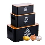 Relaxdays Aufbewahrungsbox 3er Set, Kartoffeln Zwiebeln Knoblauch, Gemüsebox Deckel, Vorratsdose Küche, Metall, schwarz
