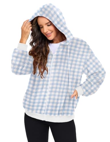 PrinStory Bluza z kapturem, damska bluza z kapturem, z zamkiem błyskawicznym, z długim rękawem, zimowa, Niebiesko-biały wzór w kratkę, L