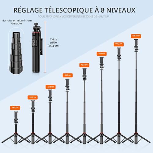 RISEOFLE Perche à Selfie de 130 cm, Trépied Smartphone Rotatif à 360°, Trépied Selfie Stick Intégré Rétractable en Alliage d'aluminium avec Télécommande pour iPhone/Samsung/GoPro/Caméra – vue 3