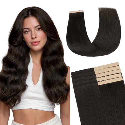Image of GOO GOO Tape in Hair Extensions, Soft Skin Weft Seamless, Remy Human Hair | Mini Tape Cut to Fit, Easy Install, 16 Inch 40g 10PCS, 2 Dark Brown