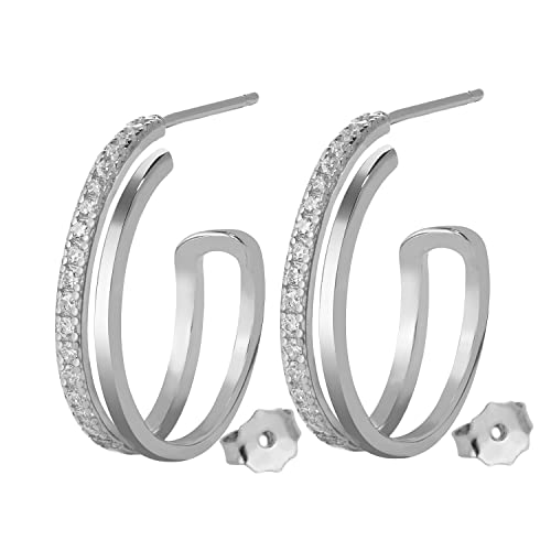 925 Sterling Silver 18K Gold Plated Faux Double Hoop Hidden Stud Earrings with Cubic Zirconia, Nickle Free Hypoallergenic for Sensitive Skin