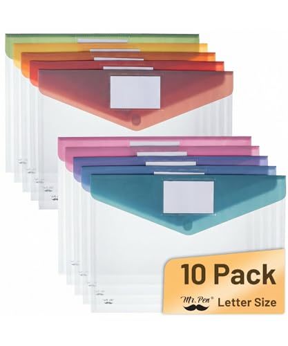 Mr. Pen- Clear Plastic Envelopes with Snap Closure, 10 Pack, A4, Letter Size, Colorful Flaps, Clear Folders for Documents Plastic Envelopes for Documents