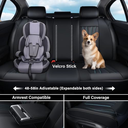 Image of Coverado Car Seat Covers Full Set, 5 Piece Car Seat Protector with Lumbar Support & Removable Headrest, Breathable Leather Front Rear Seat Cushion Universal Fit for Truck Automotive Black & Blue