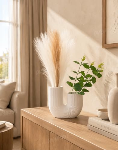 Image of Divyakosh Modern Double Mouth Vase with 3 Pampas Grass & 4 Eucalyptus Stems, White Ribbed Decorative Plastic Vase for Living Room, Center Table, Bedroom, Home Decor Gift Set