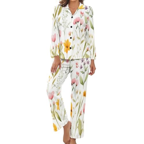 Pyjama femme 2 pièces à fleurs sauvages imprimées en coton doux pour le printemps