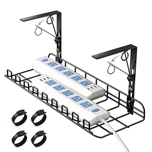 Yecaye Under Desk Cable Management Tray - Spring Clamps Quick Install No Drill No Damage to Desk - Larger Wire Cable Management Under Desk - Sturdy Metal Cable Tray for Home Office Wire Organization