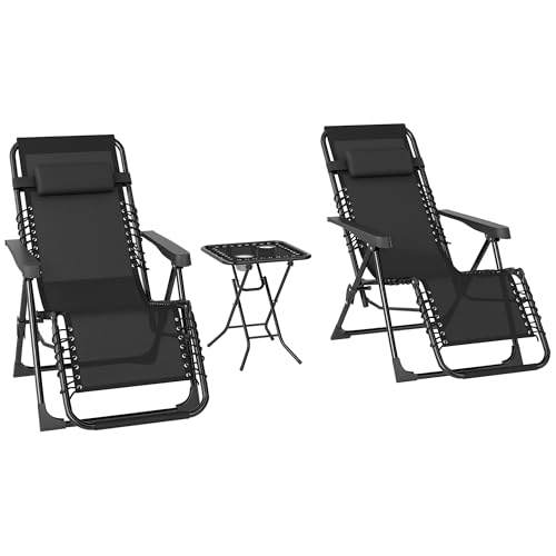 Outsunny Lot de 2 Chaise Longue gravité zéro - Ensemble transat 3 pièces avec Table d'appoint et Porte-gobelets - Bain de Soleil Pliable, Dossier réglable...