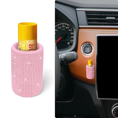 xbrtaia Upright Car Chapstick Holder Bling Insulating Lip Balm Holder Rhinestone Car Accessories for Women Interior Suitable for Most Vehicles. (Pink)