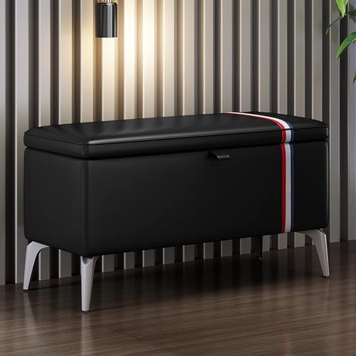 Banco otomano de almacenamiento con asiento acolchado, moderno y rectangular de cuero para entrada, baúles de madera maciza