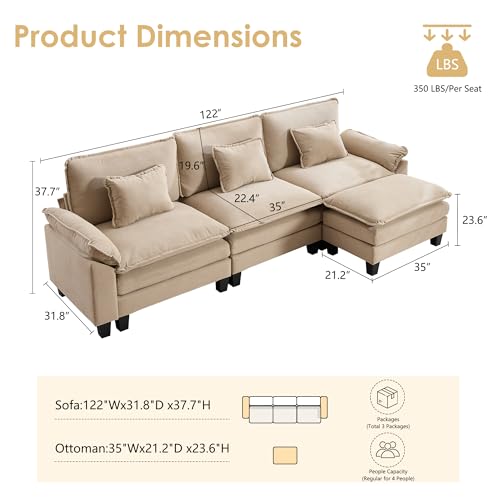 Image of URRED Oversized Modular Sectional Sofa,Solid Khaki:122 inch L Shaped