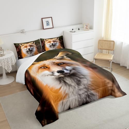 Image of Feelyou Fox Woodland Digital Comforter Set Queen Size Bedding | Adults Animal Nature Wildlife Realistic 3d Print Breathable Duvet Set Quilt Set Room Decor Warm Cozy Lightweight All Season