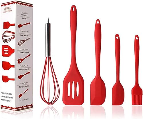 Image of Baskety Food Grade Silicone Rubber Spatula Set Non-Stick Kitchen Utensils for Baking, Cooking & Mixing (Red)