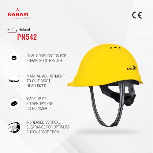 Image of KARAM PN542 Safety Helmet for Men Industrial| Ratchet Type Adjustment with Adjustable Chin Strap | Ventilation & Side Slot for Attachment | EN Certified Hard Hat | Lemon Yellow (Pack of 3)