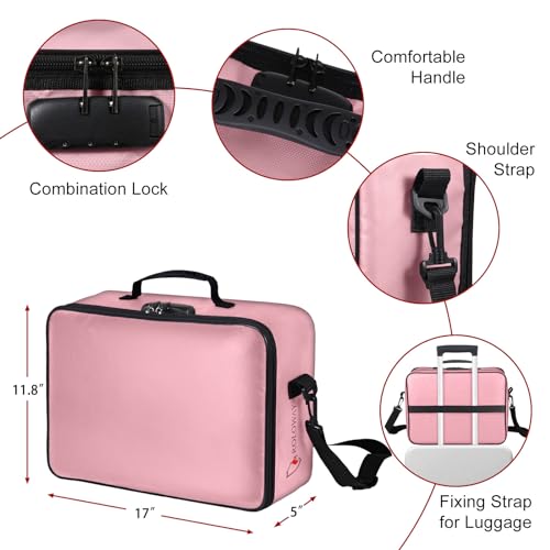 ROLOWAY Fireproof Document Bag with Lock (17 x 11.8 x 5 inch), Fireproof Document Safe, Fireproof Bag for Document Organizer, Fireproof Document Box for Important Document Storage (Pink)