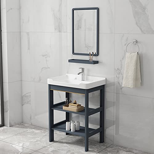 Ceramic Bathroom Sink Console Pedestal Laundry Sinks Free Standing Wash Basin Sinks Porcelain Vessel Basin Rectangle With Metal Legs Stand Vanity Sink Storage Shelf For Farmhouse,Cloakroom,Restaurant #TOP2