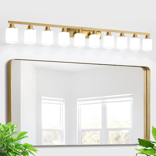 Image of Gold Bathroom Vanity Light,10-Light Brushed Gold Bathroom Light Fixtures with Square Frosted Glass,64.5in Wall Lamp Sconces for Mirror Bedroom,Living Room Hallway,E26
