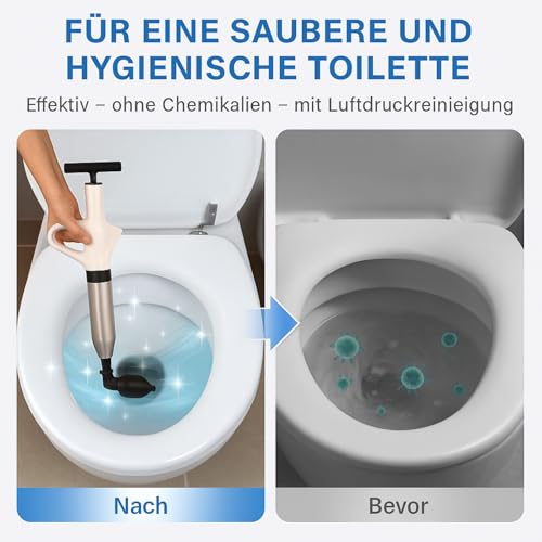 Rohrreiniger Druckluft – Rohrreinigungspumpe mit Manometer und 4 Saugnäpfen für Toilette, Waschbecken, Dusche & Badewanne – Effektiver Abflussreiniger gegen verstopfte Rohre
