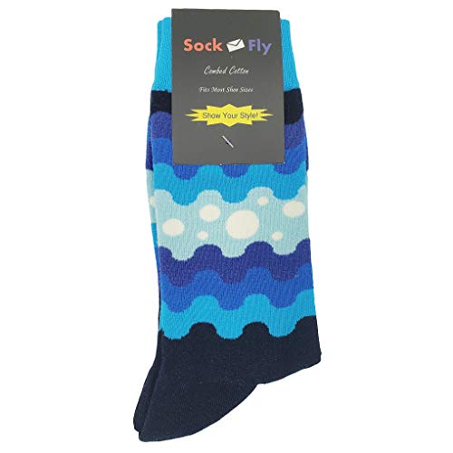 Blue Wave Pattern Dress Socks Funny Novelty Crazy Fun Design Men Size 8-12 Cotton Casual Crew Colorful Funky Fancy Socks Gift for Men4