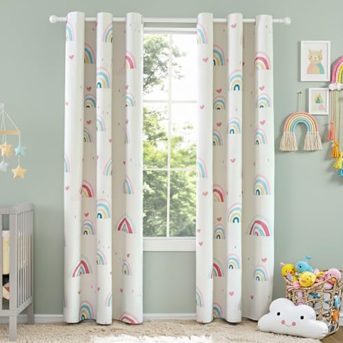 PINNKKU Blackout Boho Rainbow Curtains for Kids, 90% Blackout Curtains for Girls Bedroom Nursery, 42' x 63', Grommet Thermal Insulated Room Darkening...