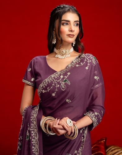 Image of SIRIL Women's Georgette Embroidery Saree With Unstitched Blouse
