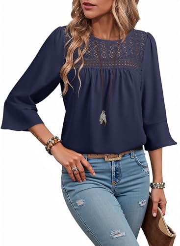 Dokotoo Women's 2025 Fall Fashion Tops 3/4 Sleeve Crewneck Shirts Casual Chiffon Boho Lace Blouses3
